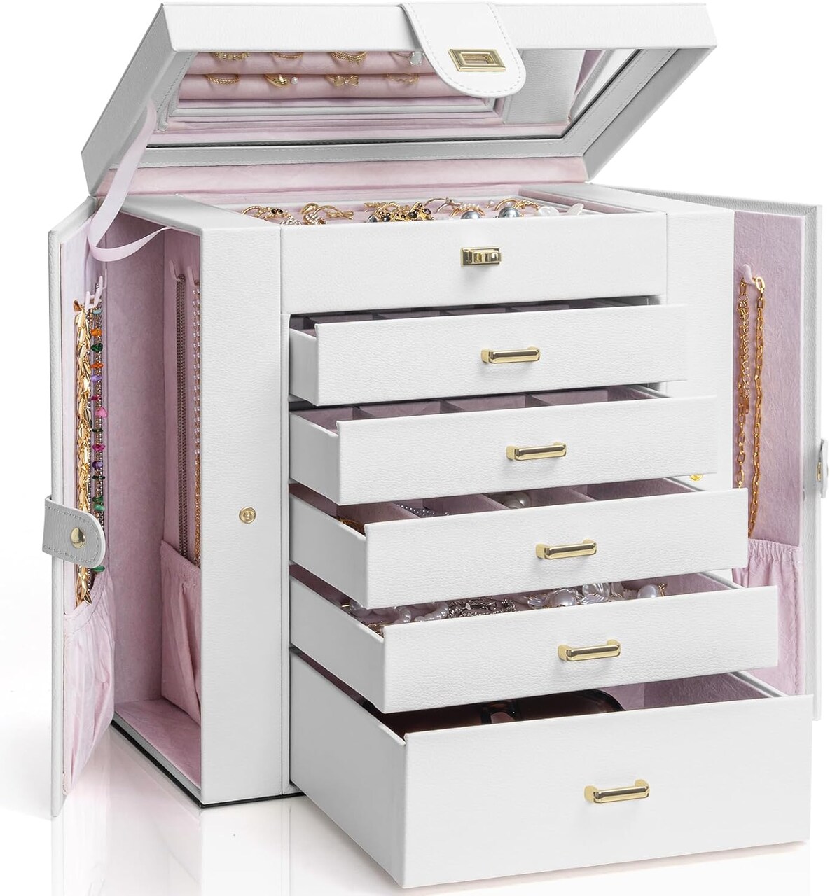 Extra Large 6-Tier Jewelry Box Organizer with Mirror, 5 Drawers Leather Jewelry Storage Case for Women Girls Ring Necklace Earring Bracelet White